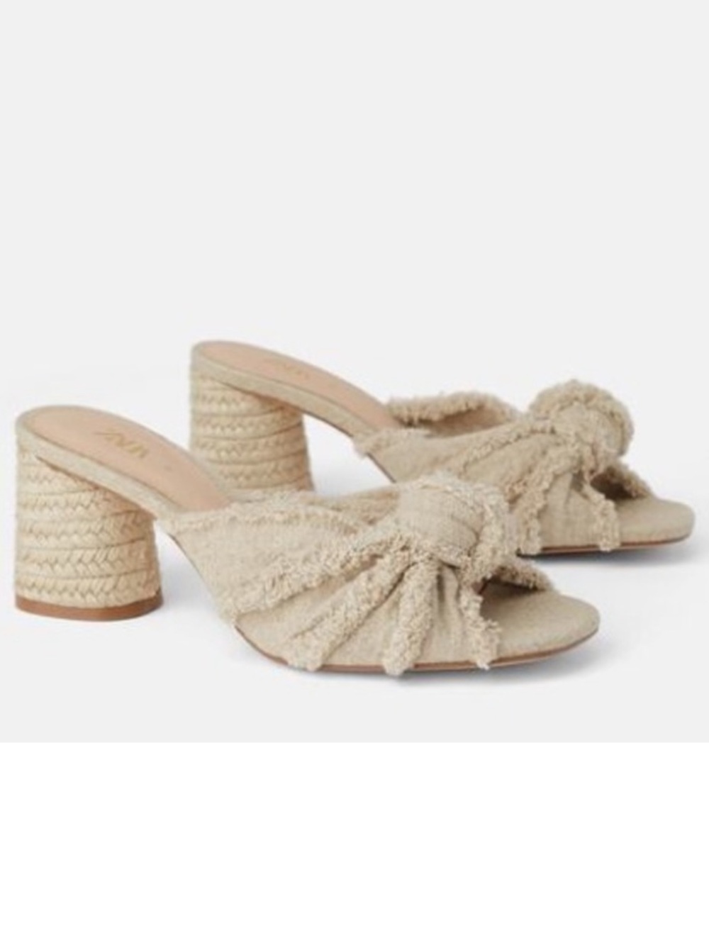 Zara frayed linen knot sandals in beige